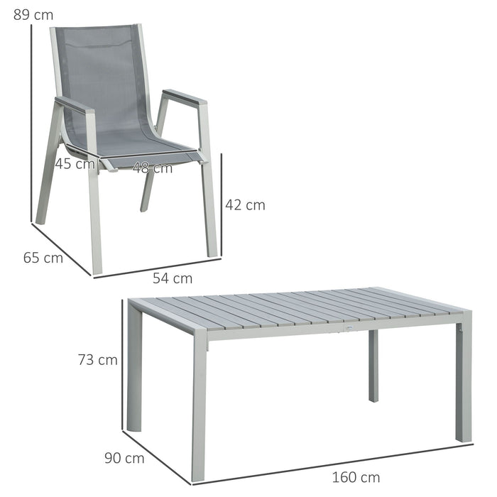 7-Piece Patio Dining Ensemble - Aluminum Frame with Wood Grain Plastic Tabletop & Mesh Fabric Armchairs in Light Grey - Ideal for Outdoor Family Dinners and Gatherings