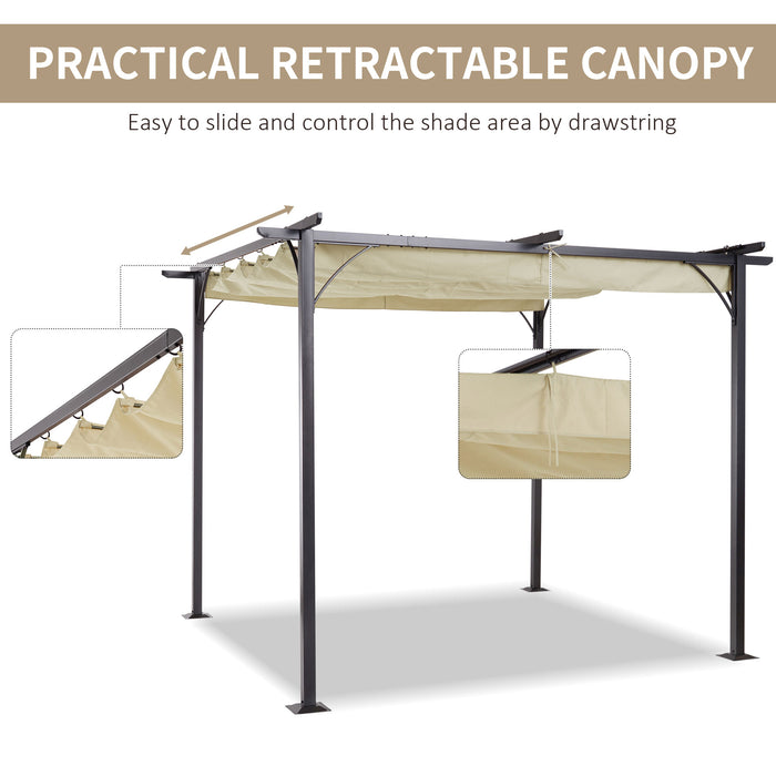 Metal Pergola Gazebo with Retractable Canopy - 3x3m Durable Outdoor Sun Shade Shelter, Beige - Ideal for Garden, Marquee Parties & BBQ Gatherings