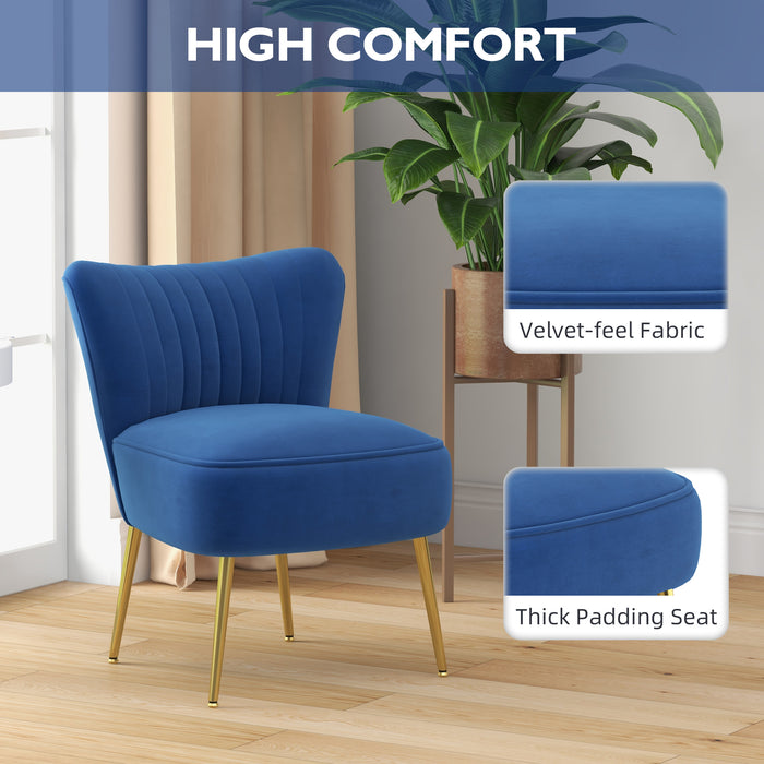 Elegant Dark Blue Accent Chair Duo - Upholstered Wingback Armless Design with Shiny Gold Steel Legs - Stylish Seating for Contemporary Living Spaces