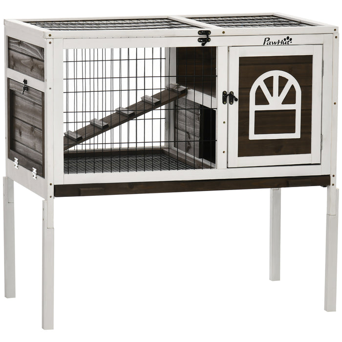 Elevated Wooden Hutch for Rabbits and Guinea Pigs - Roof-Opening Design, Ladder, Slide-out Tray, 90x53x87cm in Coffee Brown - Ideal Small Animal Shelter for Easy Cleaning & Comfort