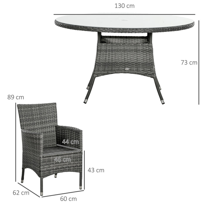 7-Piece PE Rattan Outdoor Dining Set - Cushioned Garden Furniture with Six Armchairs and Tempered Glass Tabletop - Ideal for Patio and Conservatory, Features Umbrella Hole, Mixed Grey