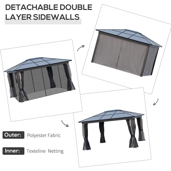 Outdoor Patio Shelter - 4 x 3.6m Hardtop Gazebo, UV-Resistant Polycarbonate Roof, Aluminium Frame, Mosquito Netting, Curtains - Ideal for Garden Entertainment and Relaxation