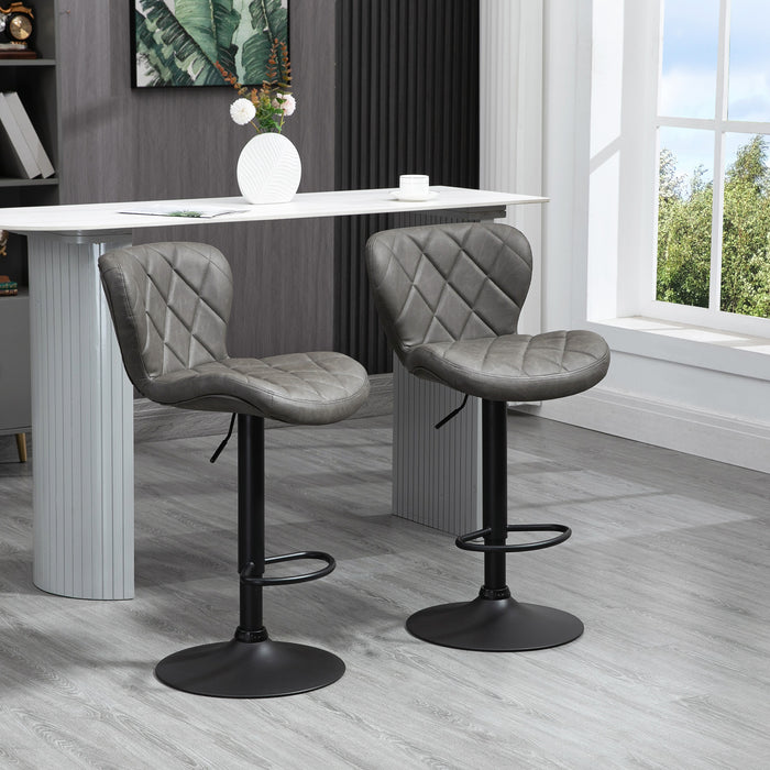 Adjustable Swivel Barstools Set of 2 - Dark Grey PU with Diamond Pattern, Backrest & Footrest, Steel Frame - Ideal for Kitchen Dining & Entertaining