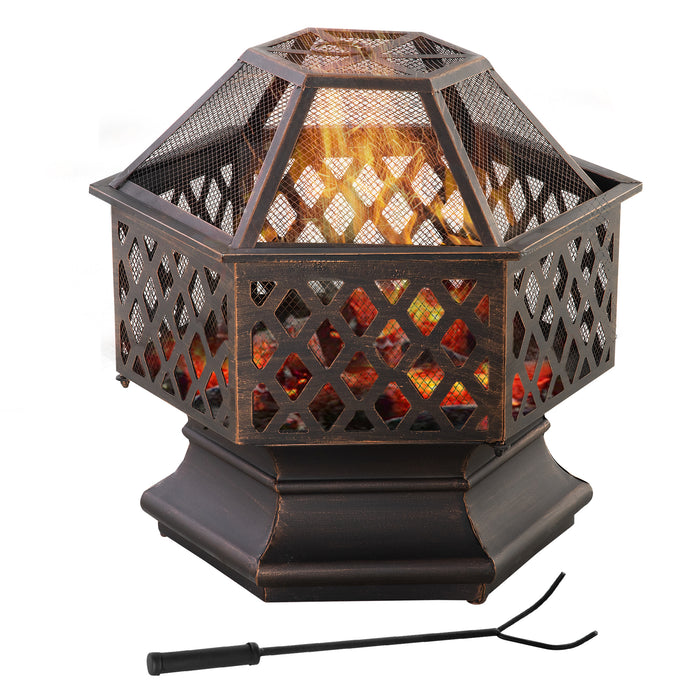 Portable Bronze Wood-Burning Firebowl - Outdoor Fire Pit with Protective Screen Cover and Poker - Ideal for Patio and Backyard Entertaining