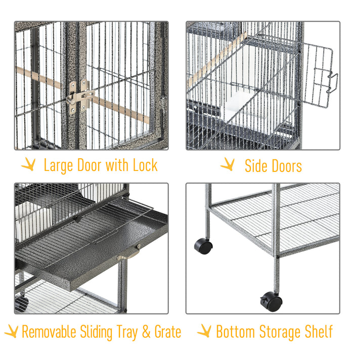 Deluxe Double Rolling Metal Parrot Cage - Includes Removable Tray, Storage, Wooden Perch & Food Holder - Ideal for Avian Pets & Bird Care Enthusiasts