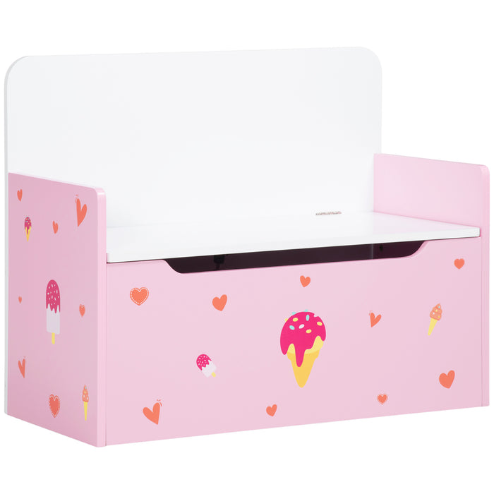 Wooden Toy Box with Safety Pneumatic Rod - Kid-Friendly Storage Bench and Toy Chest with Cute Pink Pattern - Ideal for Organizing Children's Toys and Seating