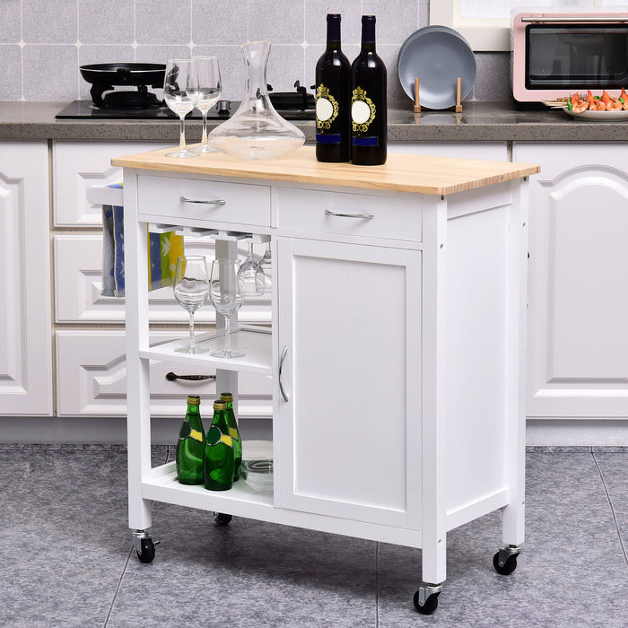 Kitchen Storage Trolley with Wheels - Rolling Cart with Shelves, Drawers, Towel Rail, and Wine Glass Rack - White Island Cupboard with Pine Wood Worktop for Space-Saving Organization