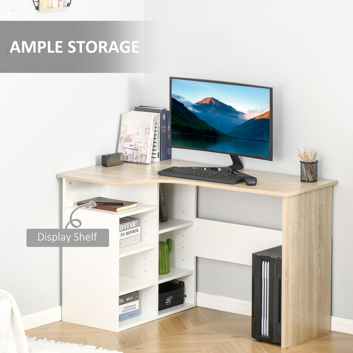 L-Shaped Corner Desk for Home Office - Study Table with Storage Shelf, PC Workstation in Oak and White - Ideal for Small Spaces and Productivity Boost