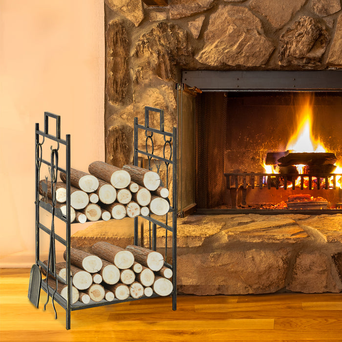 Heavy Duty 2-Layer Firewood Rack with Log Stacker - Includes 4 Fireplace Tools in Gold Finish - Storage Solution for Wood Burning Enthusiasts