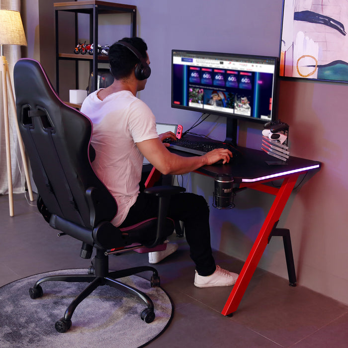 Ergonomic Racing-Style Gaming Desk - RGB LED-illuminated Workstation with Accessories Hook, Cup Holder, & Controller Rack - Ideal for Home Office and Gamers