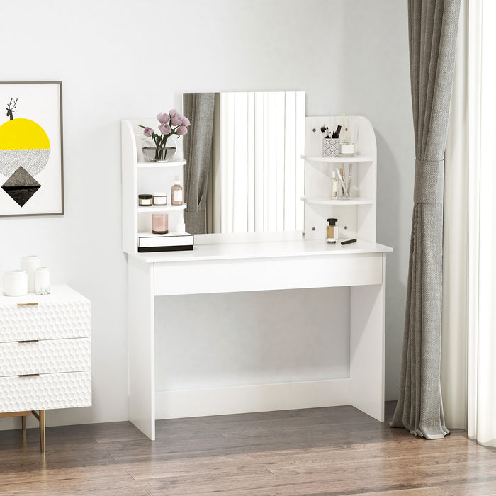 Modern Vanity Workstation - Dressing Table with Large Mirror & Spacious Drawers plus 2-Tier Open Shelf - Ideal for Bedroom Organization & Beauty Routine