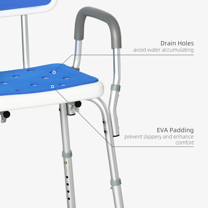 EVA-Padded Adjustable Shower Stool with Back and Arms - Elderly & Disabled-Friendly Bath Seat with 4 Suction Foot Pads, Blue - Safe & Comfortable Bathing Solution