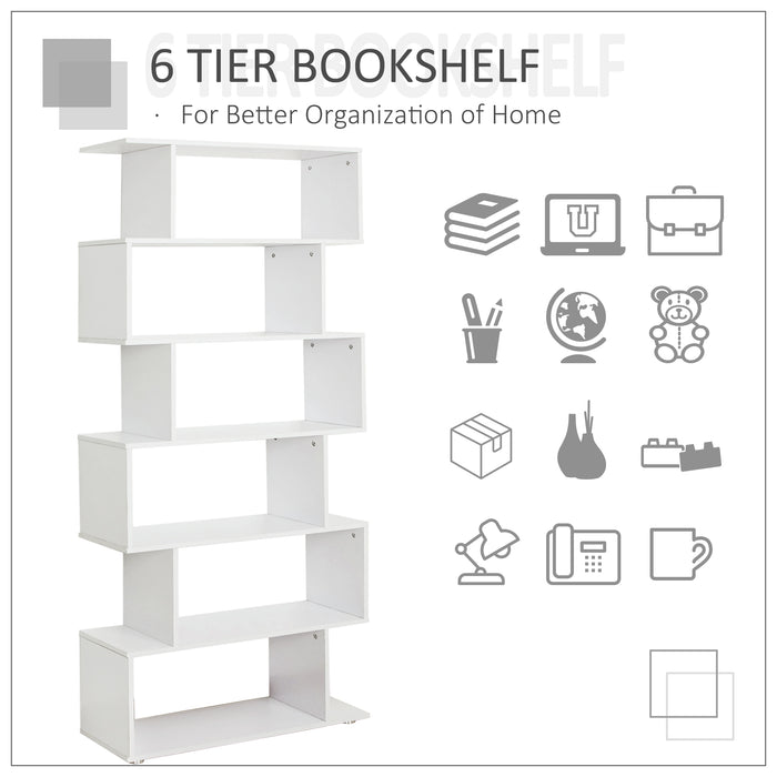 6-Tier S-Shaped Wooden Bookshelf - Open Concept Display & Storage Unit, White Finish - Ideal for Home Office and Living Room Organization