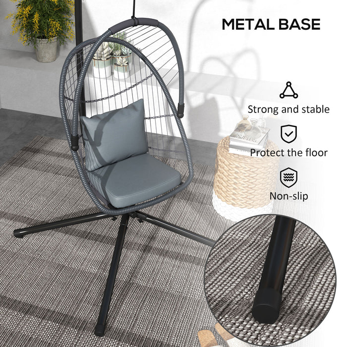 PE Rattan Swing Chair with Cushion - Foldable Patio Hanging Chair with 360° Spring Hook and Height Adjustable Chain - Ideal for Outdoor Relaxation and Comfort