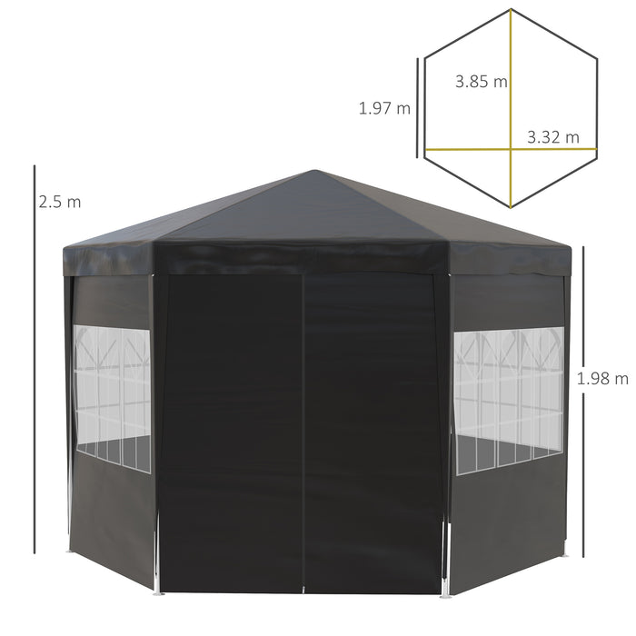 Hexagonal Gazebo Party Tent with Removable Walls - 4m Outdoor Canopy with Windows & Doors, Black - Ideal for Gatherings & Events