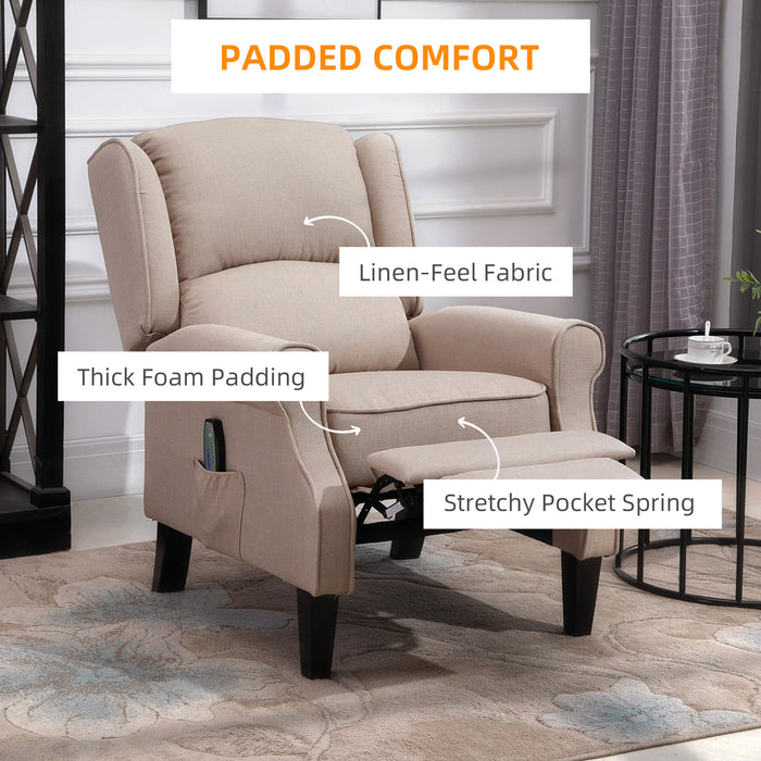 Heated Reclining Massage Armchair with Footrest - Beige Linen Fabric - Ideal for Relaxation and Comfort at Home