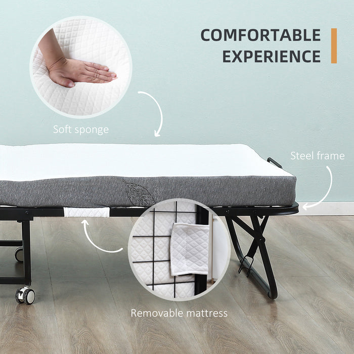 Portable Folding Bed with 10cm Thick Mattress - Sturdy Metal Frame and Easy Mobility with Wheels - Ideal for Overnight Guests and Small Space Living