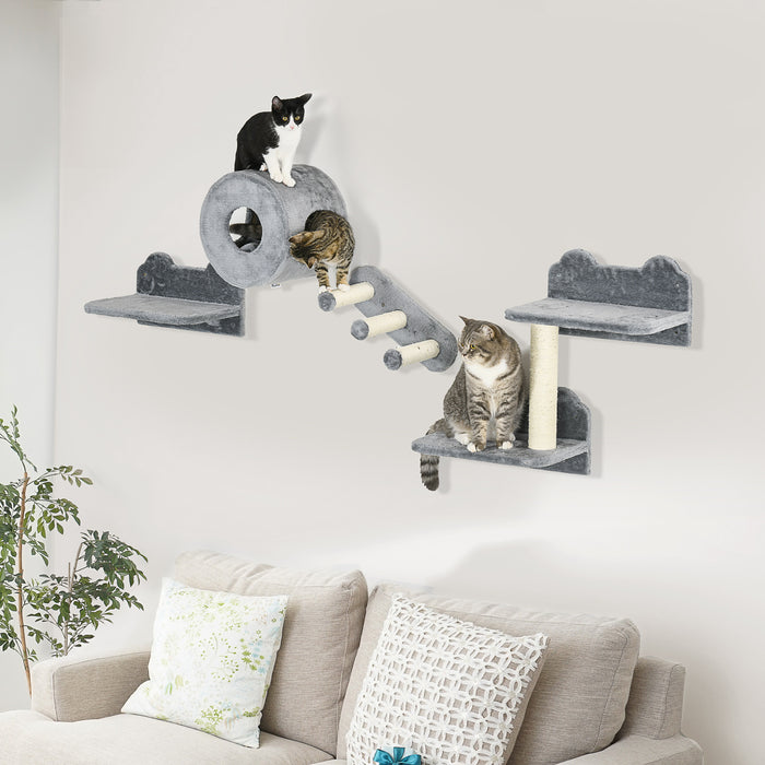 4PCs Modular Cat Wall Tree - Wall-Mountable Platforms, Steps, Scratching Post, and Perch in Grey - Space-Saving Condo for Indoor Cats