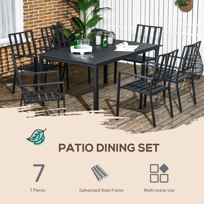 7-Piece Garden Dining Set - Outdoor Metal Table with Umbrella Hole & 6 Stackable Chairs - Ideal for Patio Dining and Entertaining