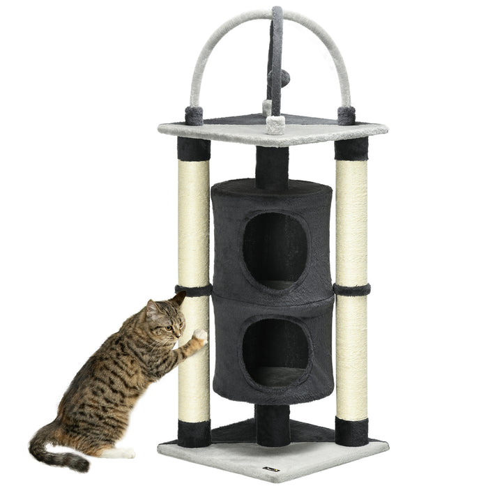 Deluxe Cat Tree Tower - Multiple Scratching Posts, Cozy Cat Condo & Bed, Interactive Hanging Toy Ball - Ideal for Playful Kittens & Lounging Cats