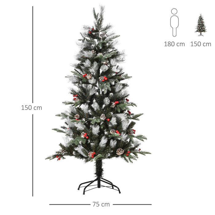 5FT Snow-Dipped Artificial Christmas Pencil Tree - Holiday Home Decor with Foldable Stand, Red Berries & White Pinecones - Ideal for Festive Party Ambiance