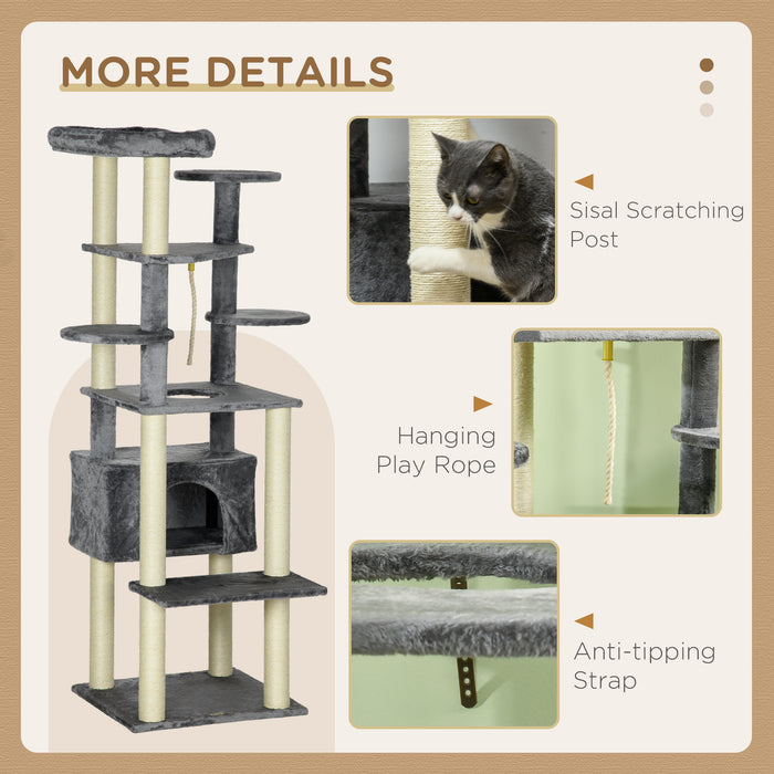 Multi-Level 184cm Cat Tree with Scratching Posts - Indoor Cat Climbing Tower, Bed, Condo & Perches - Ideal for Playful Kittens & Adult Cats with Hanging Play Rope, Grey