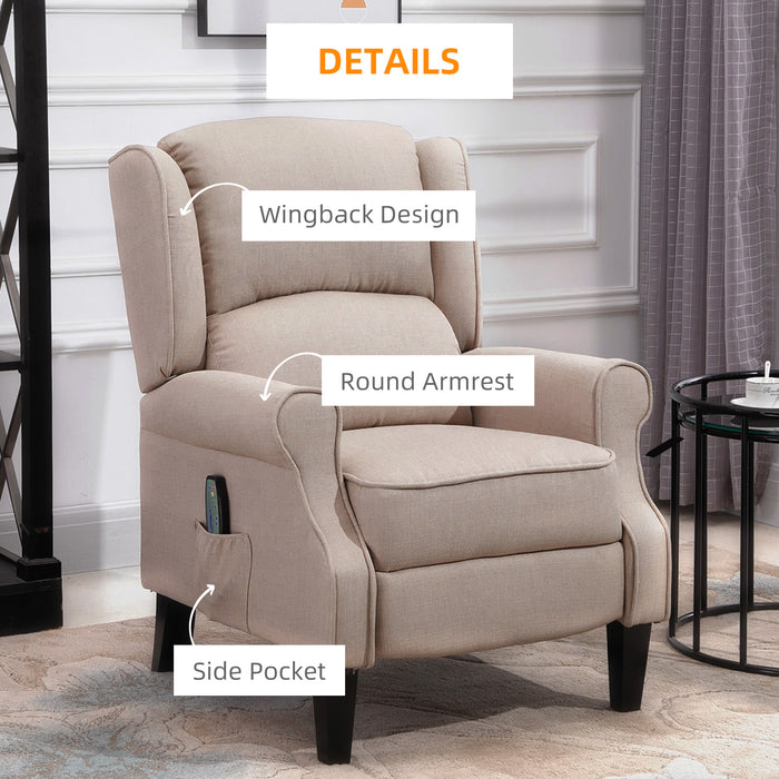 Heated Reclining Massage Armchair with Footrest - Beige Linen Fabric - Ideal for Relaxation and Comfort at Home