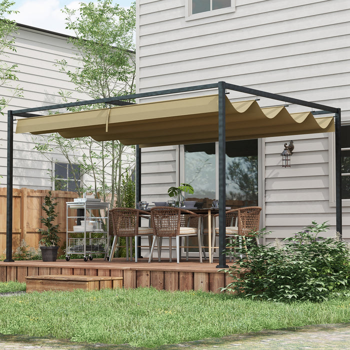 Metal Pergola with Retractable Roof 4x3m - Khaki Garden Gazebo Canopy Shelter for Outdoor Use - Ideal for Patio & Backyard Relaxation