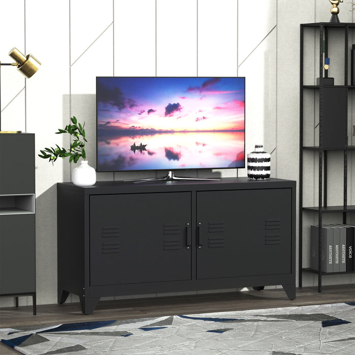 Industrial Media Console with Steel Shelf - TV Stand and Storage Center with Doors for DVDs and A/V Receivers - Sleek Black Design for Modern Homes