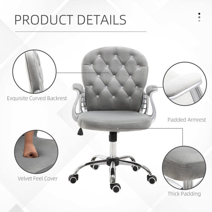 Ergonomic 360° Swivel Office Chair - Diamond Tufted Velour with Padded Base & 5 Castor Wheels - Comfortable Seating for Home Office Workers in Grey