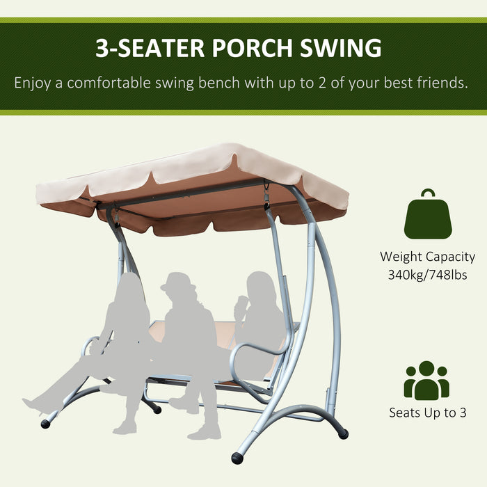 3-Seater Steel Porch Swing Chair with Canopy - Durable Outdoor Patio Bench, Adjustable Top Shade - Comfort Seating for Garden, Deck or Backyard, Beige