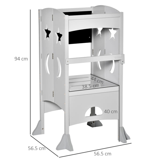 Toddler Kitchen Helper Step Stool with Safety Rail and Chalkboard - Durable Child Platform for Kitchen Counter in Grey - Ideal for Cooking, Learning, and Interactive Play