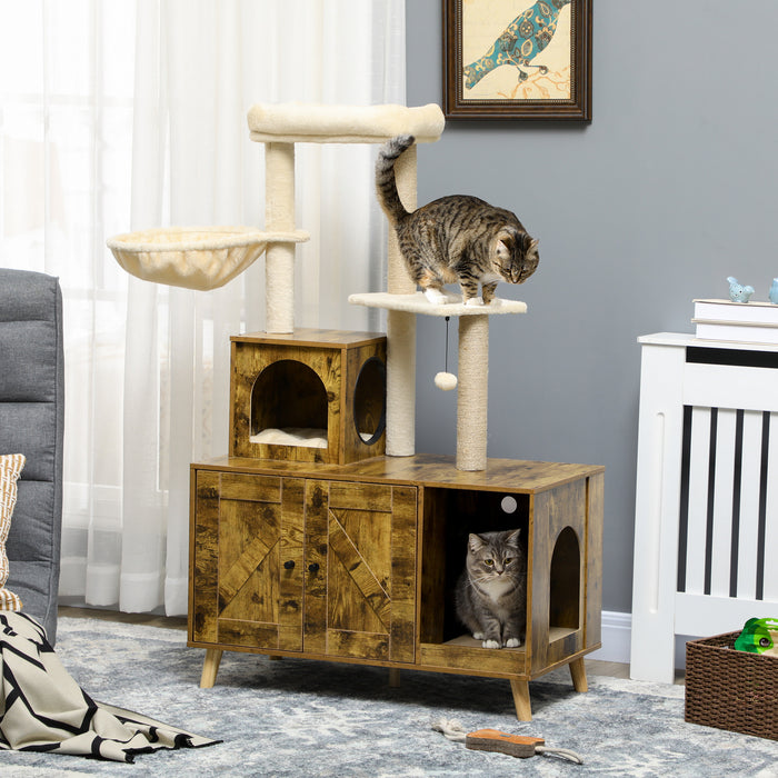 Rustic Brown Multi-Functional Cat Litter Box Enclosure - Includes Tree Tower, Hammock, & Cozy Cushion - Stylish House & Activity Center for Cats