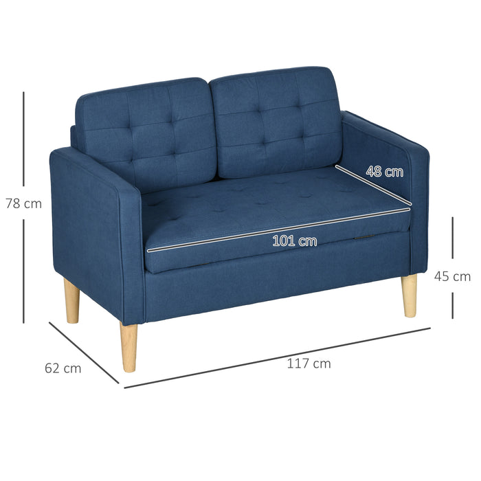 Compact 2-Seater Loveseat with Storage - Modern Tufted Cotton Sofa, Wooden Legs in Blue - Ideal for Small Spaces & Adding Extra Storage