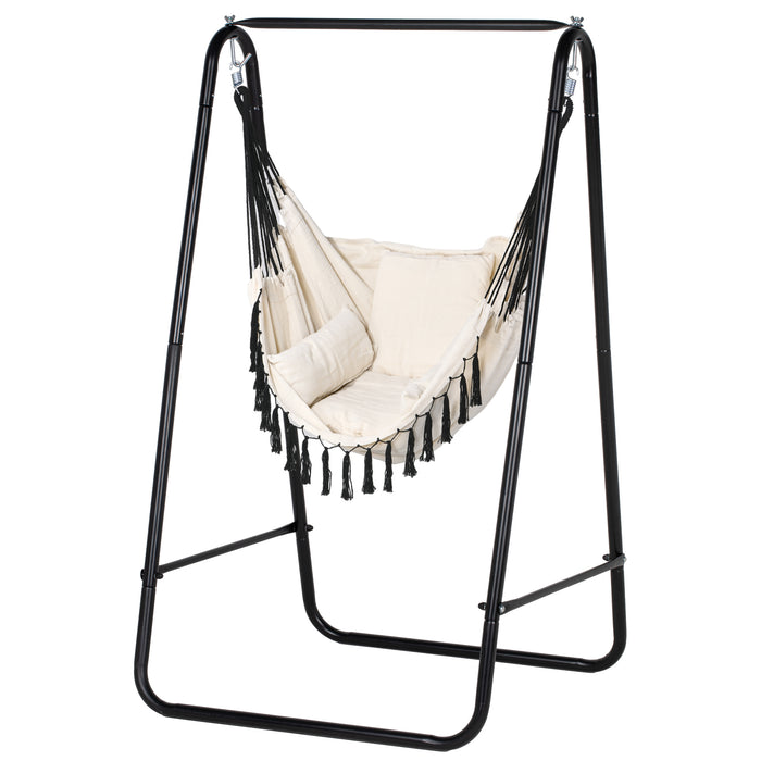 Hammock Swing Chair with Cushion and Stand - Cream White, Comfortable Hanging Chair - Perfect for Indoor and Outdoor Relaxation