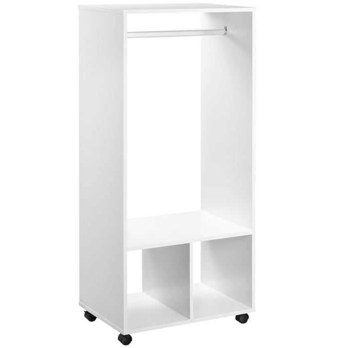 Mobile Garment Rack with Hanging Rod and Shelves - Versatile Open Wardrobe on Wheels for Storage - Ideal for Bedroom and Cloakroom Organization, White