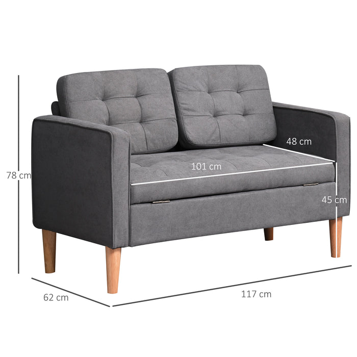 Compact Loveseat with Storage - 117cm Modern Tufted Cotton 2-Seater Sofa, Grey with Wooden Legs - Ideal for Small Spaces and Organizing Essentials