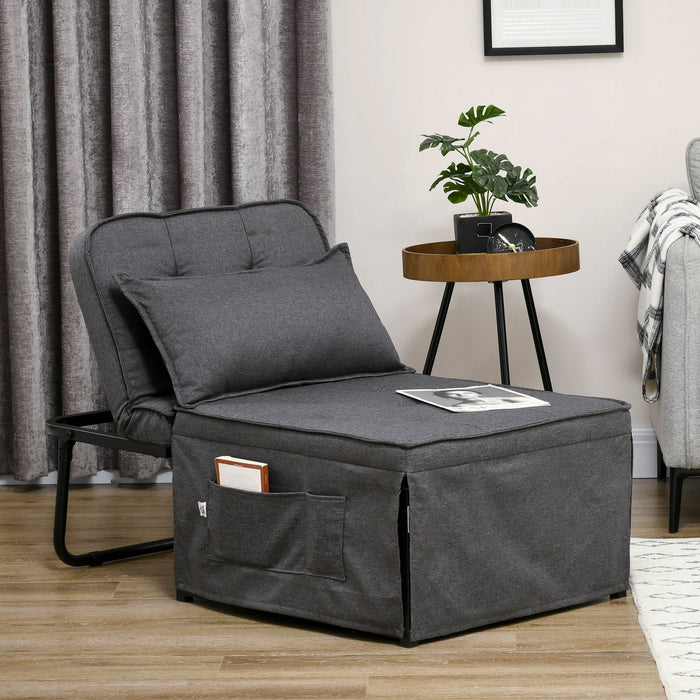 Folding Fabric Sleeper Chair with Adjustable Backrest - Convertible Charcoal Grey Chair Bed, Side Pockets & Pillow Included - Space-Saving Furniture for Small Apartments and Studios