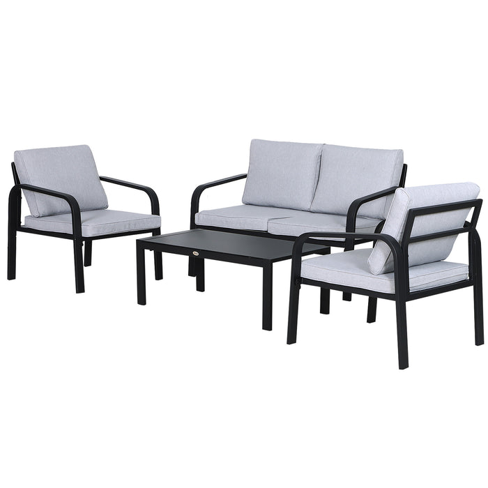 Aluminium Frame 4-Piece Garden Dining Set - Includes 2 Chairs, Sofa, Glass Top Table, and Foam Cushions, Contemporary Design - Perfect for Outdoor Entertainment and Relaxation in Grey and Black