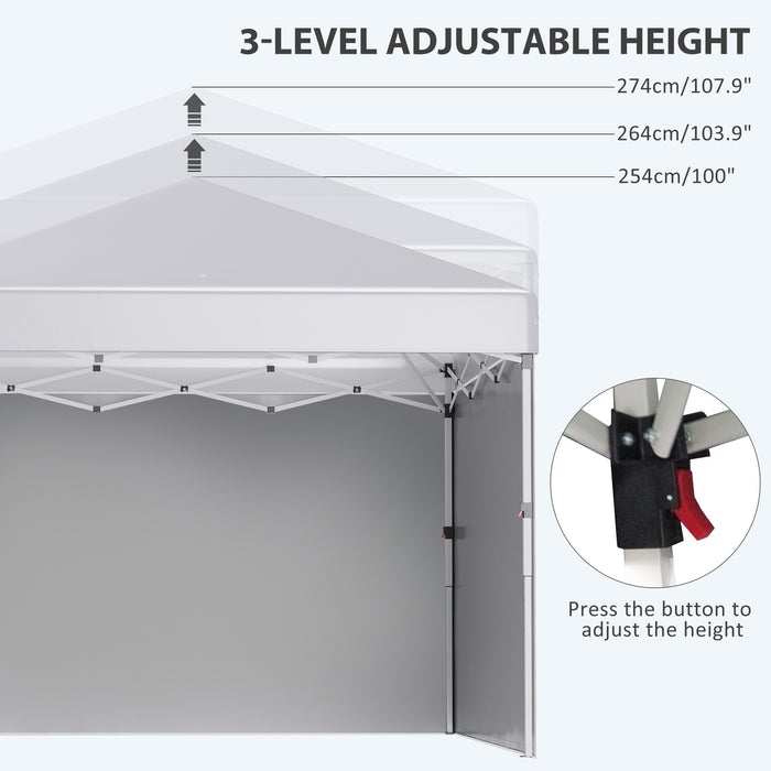 Pop Up Gazebo 3x3m with 2 Sidewalls - Height Adjustable Party Tent with Leg Weight Bags, Carry Bag - Ideal Event Shelter for Garden, Patio, White