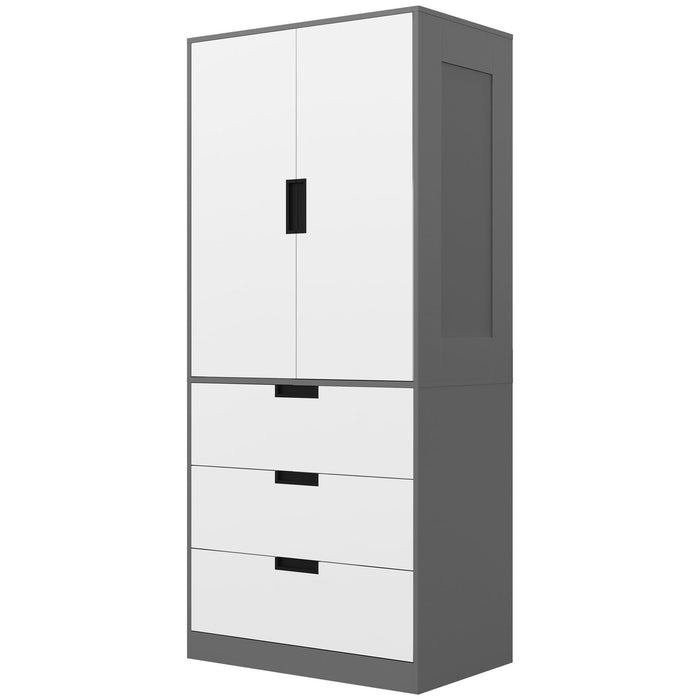 Modern 2-Door Wardrobe with 3 Drawers and Hanging Rod - Bedroom Storage Solution in Elegant Grey - Ideal for Organizing Clothes and Accessories