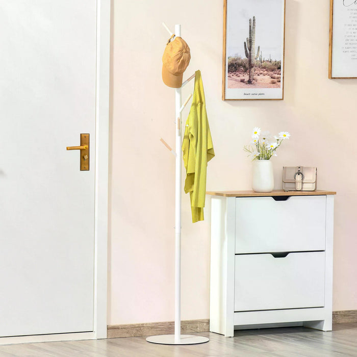 Free Standing 174cm Coat Rack Stand with 6 Hooks - Clothes, Hat Display and Hanging Organizer in White - Ideal for Hallway, Entryway Storage