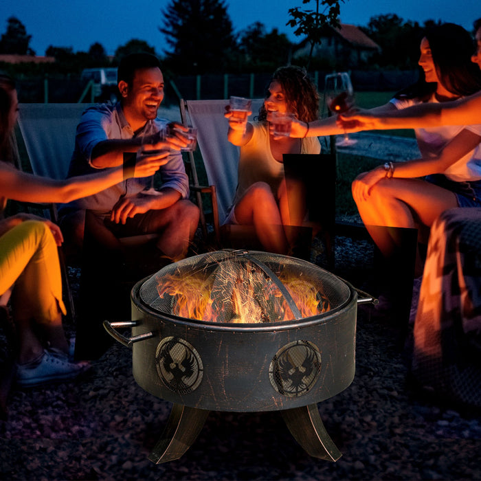 Outdoor Patio Fire Pit Heater - Charcoal & Log Wood Burning Bowl with Protective Screen Cover - Includes Fire Poker, Ideal for Backyard Ambiance & Warmth