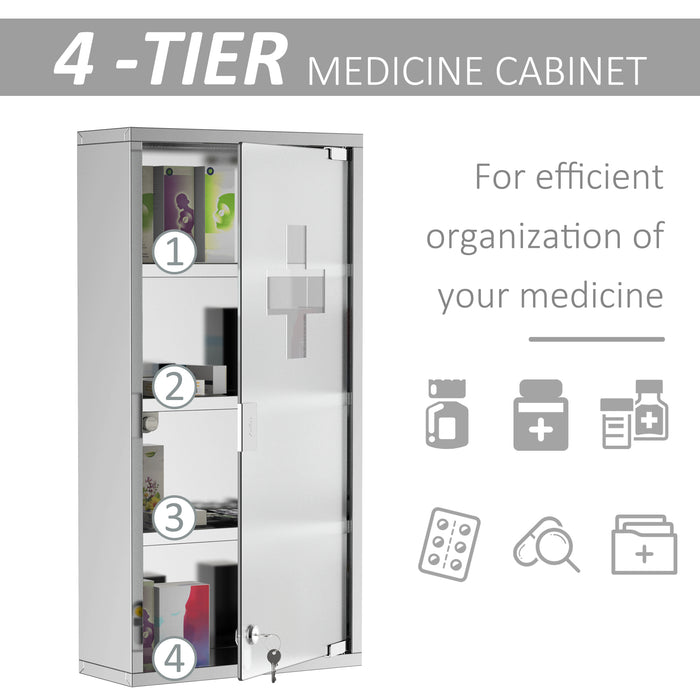 Stainless Steel 4-Tier Medicine Cabinet - Wall Mount, Lockable Glass Door, Storage Shelving - Ideal for Bathroom Organization, 60x30x12 cm