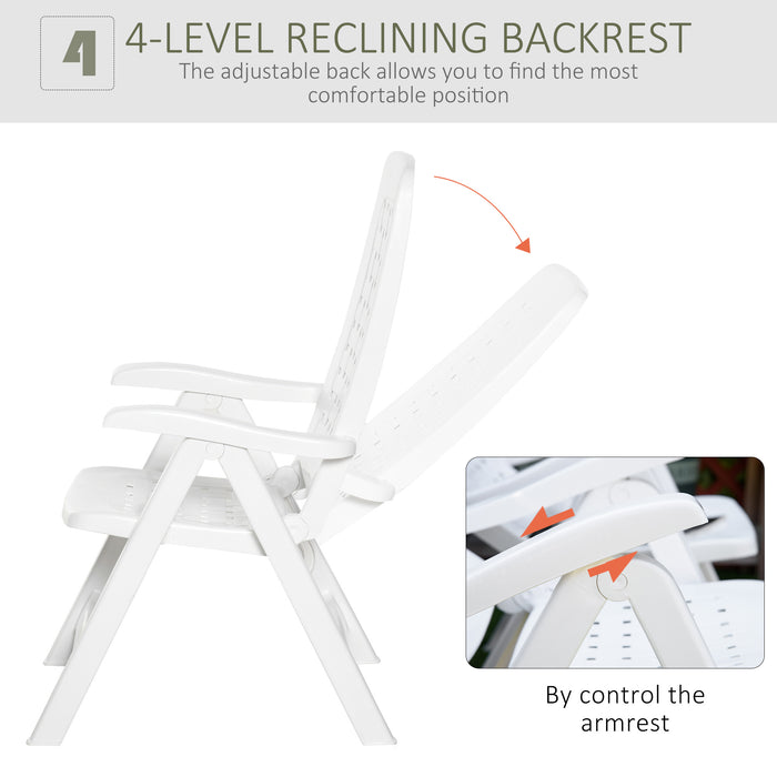 Folding Plastic Dining Chair Pair with 4-Position Adjustable Back - Reclining Armchairs for Versatility - Ideal for Indoor & Outdoor Events and Camping in White