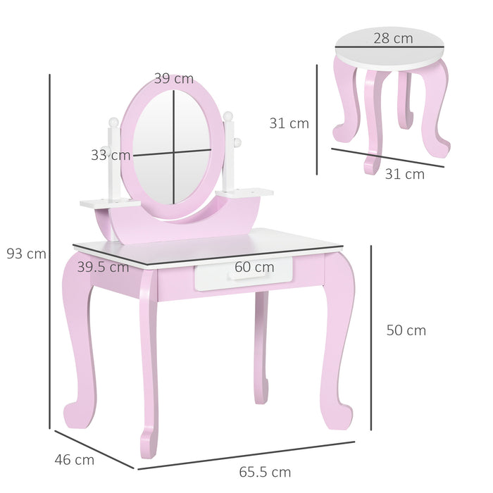 Kids Vanity Set with Stool and Mirror - Girls Pink Dressing Table with Drawer, Round Legs - Makeup Desk for Ages 3-6 Years Old