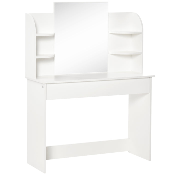 Modern Vanity Workstation - Dressing Table with Large Mirror & Spacious Drawers plus 2-Tier Open Shelf - Ideal for Bedroom Organization & Beauty Routine