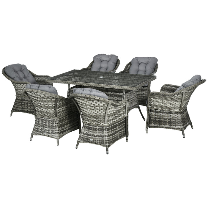 7-Piece PE Rattan Dining Set - Outdoor Patio Wicker Furniture with Tempered Glass Table Top & Umbrella Hole - Includes Cushions, Ideal for Al Fresco Dining & Entertaining in Grey