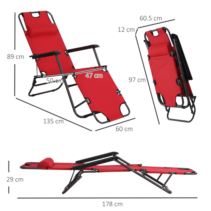 Foldable Sun Loungers with Adjustable Back - Outdoor Reclining Garden Chairs with Pillow and Armrests in Vibrant Red - Perfect for Patio Relaxation and Sunbathing