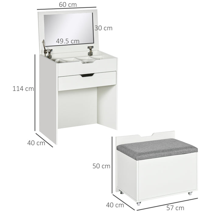 Vanity Table Set with Flip Mirror and Stool - Elegant White Dressing Table with Drawer and Concealed Storage - Perfect for Bedroom and Living Space Organization